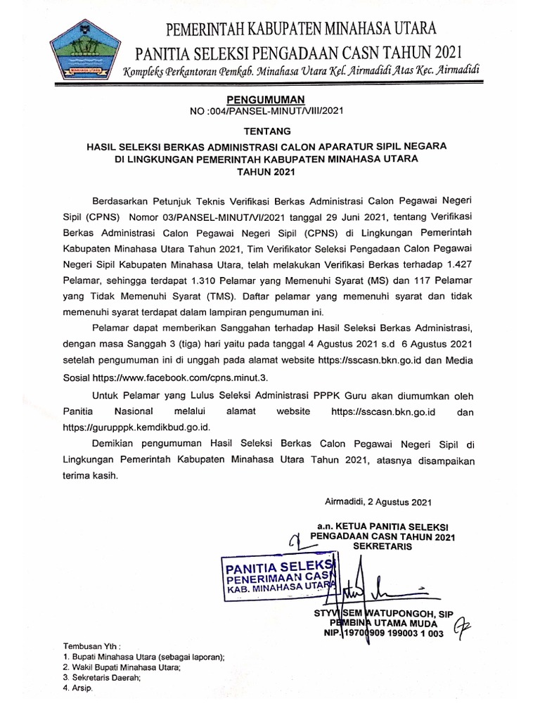 Pengumuman Seleksi Administrasi Cpns 2021 Pdf