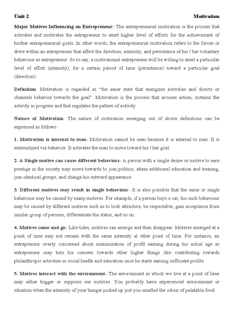 Unit-2 Motivation: Major Motives Influencing An Entrepreneur | PDF