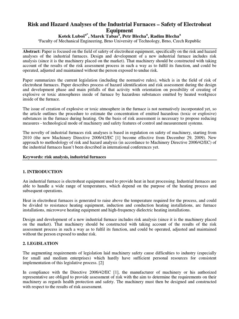 Risk and Hazard Analyses of The Industrial Furnaces Safety of