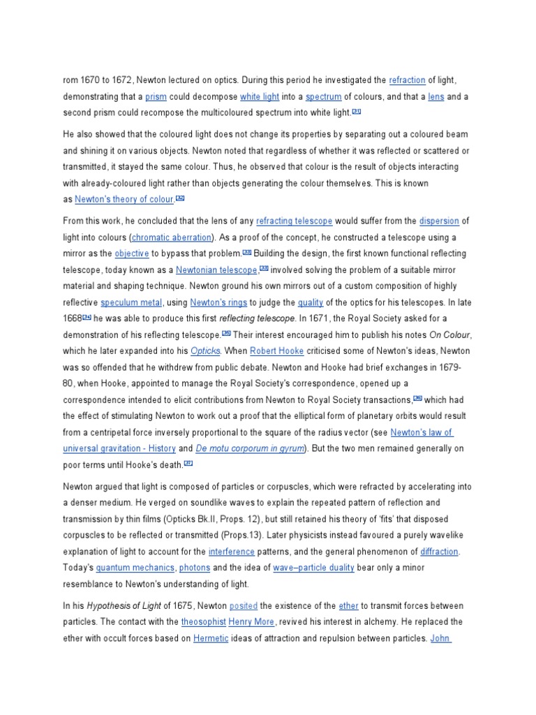 Newton's Contribution To Lights | PDF | Isaac Newton | Light