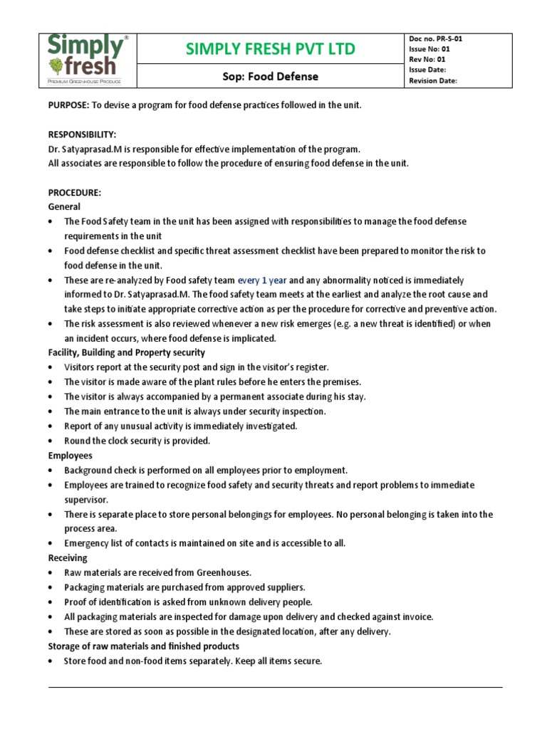 Site Security and Food Defence | PDF | Food Safety | Foods