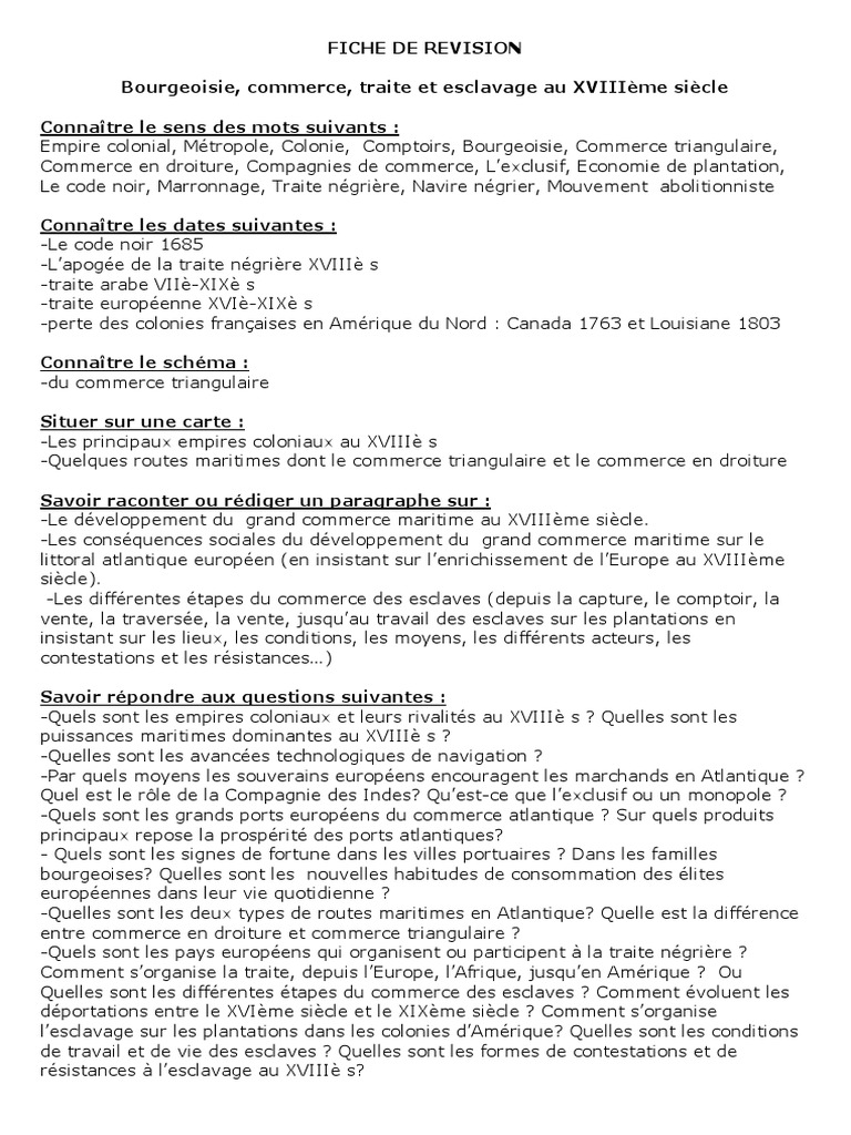 Evaluation 4eme Histoire Bourgeoisie Commerce Traite Et Esclavage 4e Fiche de Revision Bourgeoisie Commerce | PDF | Histoire de l'esclavage |  Esclavage