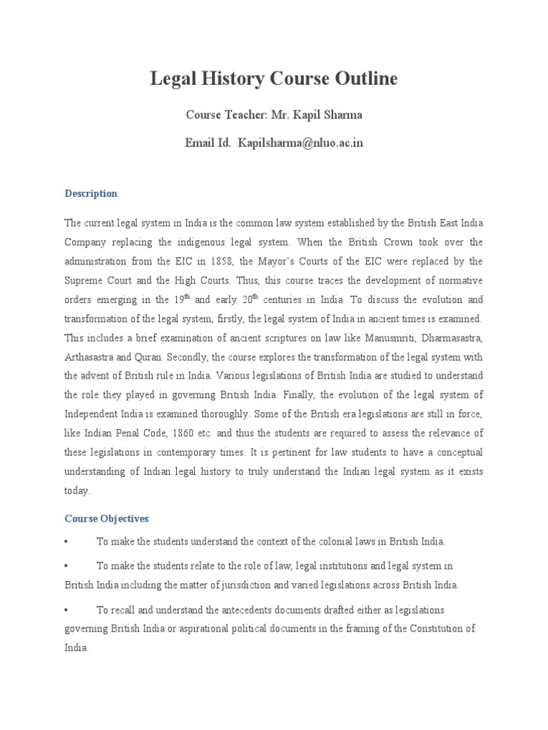Legal History Course Outline PDF British Raj Government