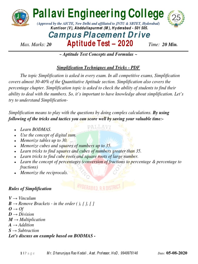 Simplification Techniques for Aptitude Tests | PDF | Numbers | Division ...