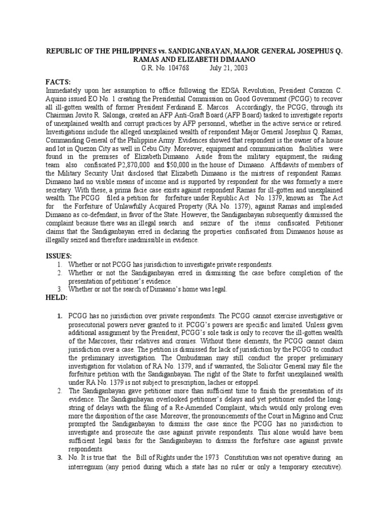 Republic of the philippines vs sandiganbayan major general josephus q