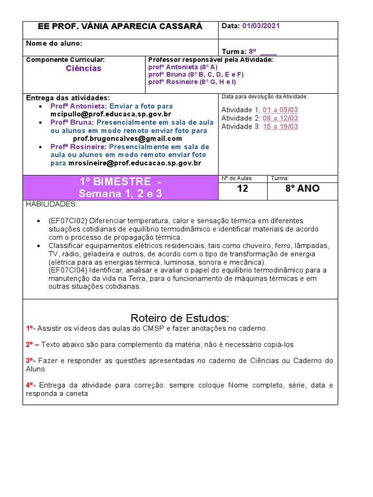 8º Ano - Ciências - Atividade 01 - 01 A 19 de Março | PDF | Calor ...