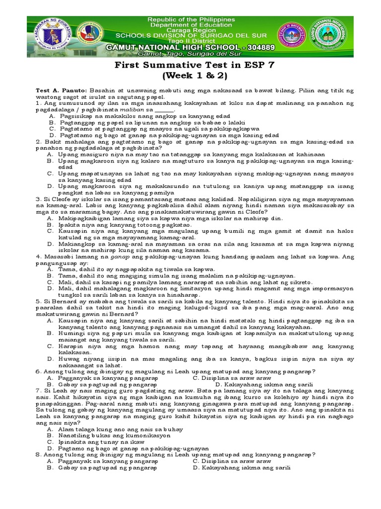 First Summative Test in ESP 7 | PDF