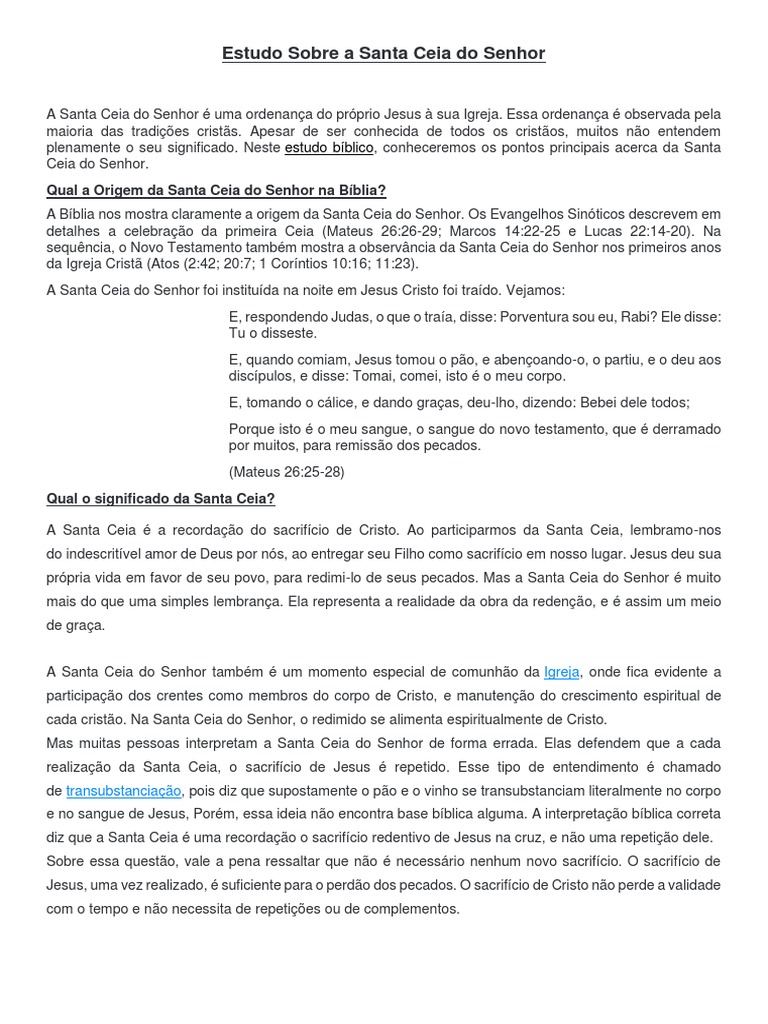 Estudo Sobre A Santa Ceia Do Senhor | PDF | Eucaristia | Jesus