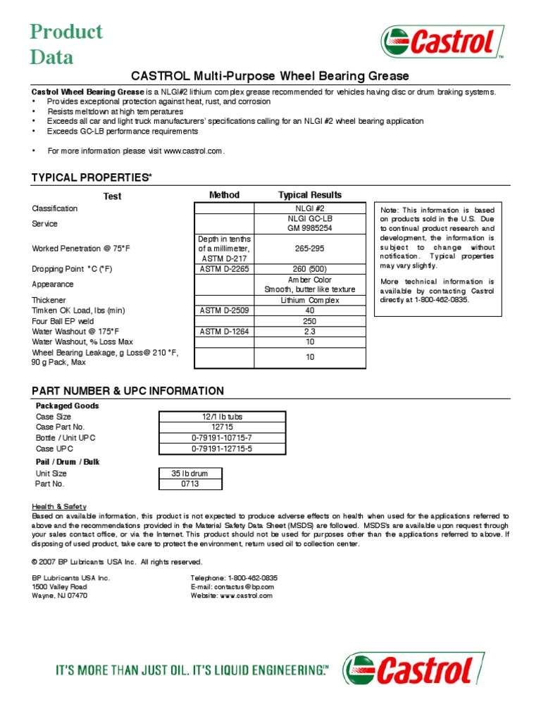 Product Data CASTROL MultiPurpose Wheel Bearing Grease PDF