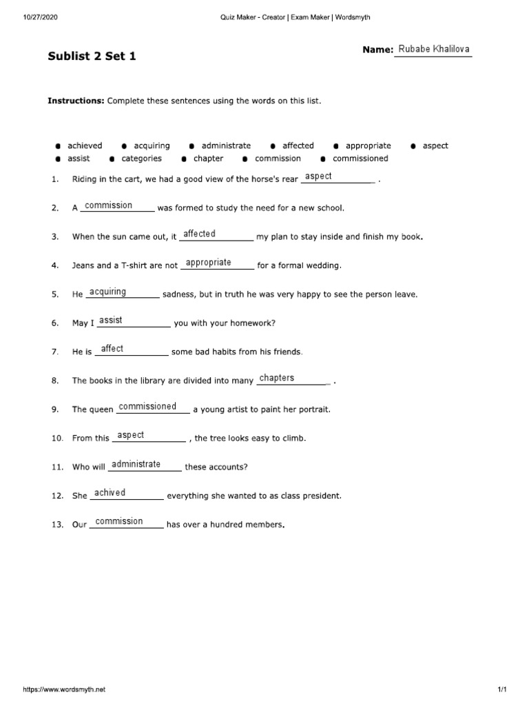 Sublist 2 Set 1 Intermediate Filling | PDF