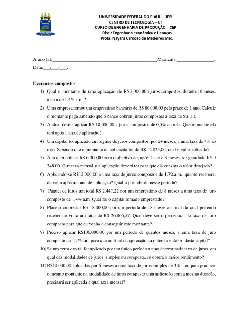 Exercícios sobre Juros Compostos | PDF | Carreira e Crescimento | Negócios