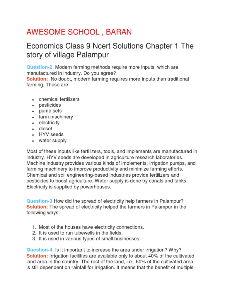Class 9 Sst Economics Chapter 3 Question Answer