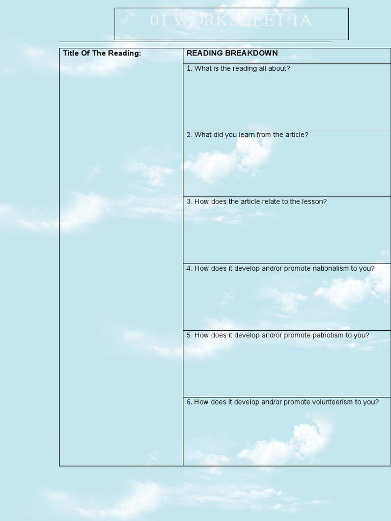 01 Worksheet 1A: Title of The Reading: Reading Breakdown | PDF