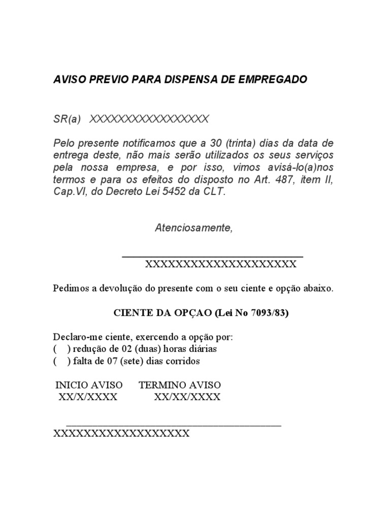 MODELO AVISO DISPENSA DE EMPREGADO