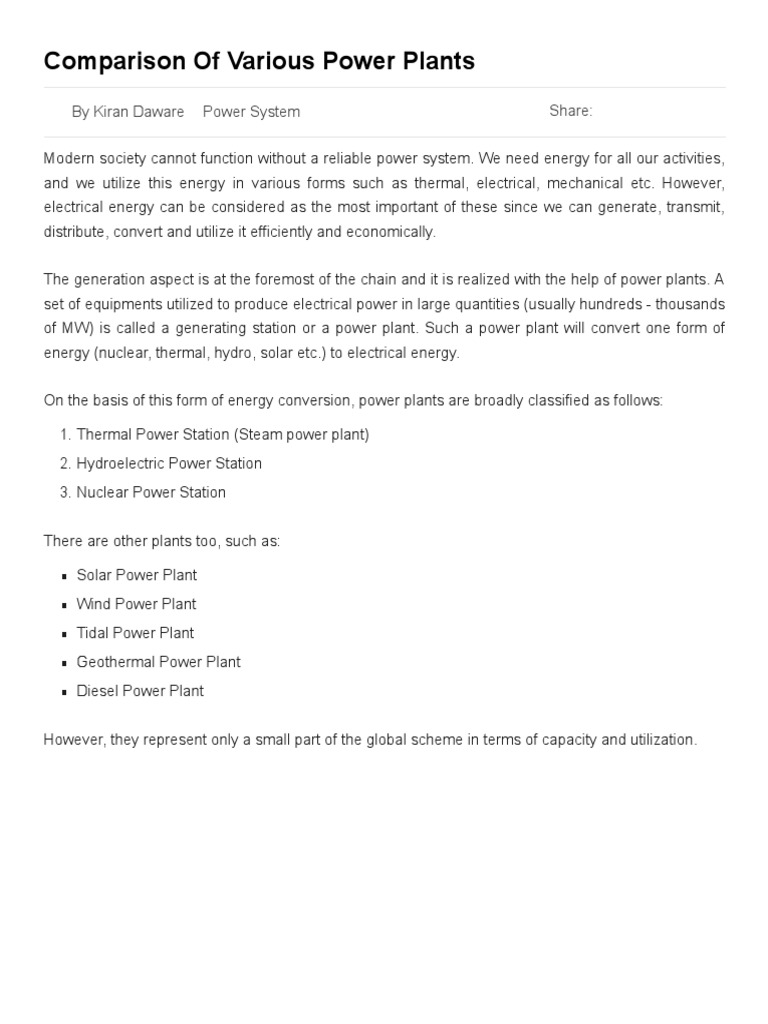 Comparison of Various Power Plants PDF Power Station Hydroelectricity