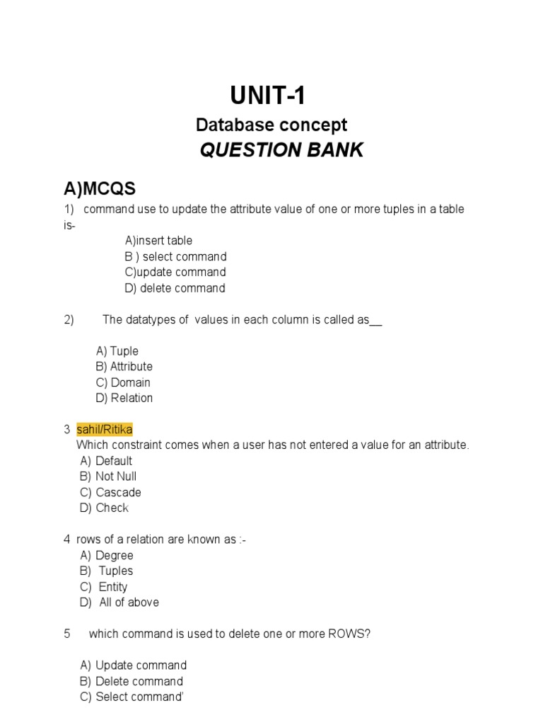 Database Concepts Quiz | PDF | Relational Database | Databases