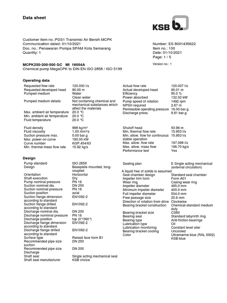 MegaCPK Chemical Pump Data Sheet | PDF | Pump | Bearing (Mechanical)