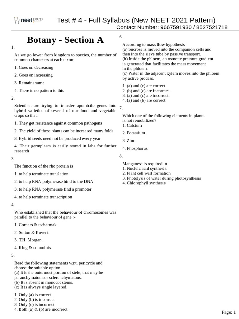 NEET 2021 Botany Practice Questions | PDF | Meiosis | Liver