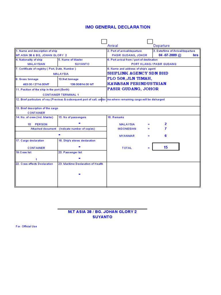 Imo General Declaration: Shiplink Agency SDN BHD Plo 508, JLN Timah ...