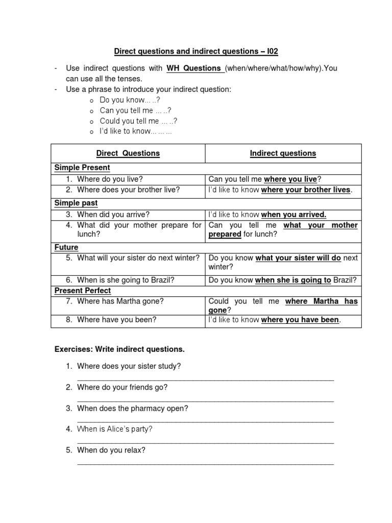 Direct and Indirect Questions Guide | PDF | Language Mechanics ...