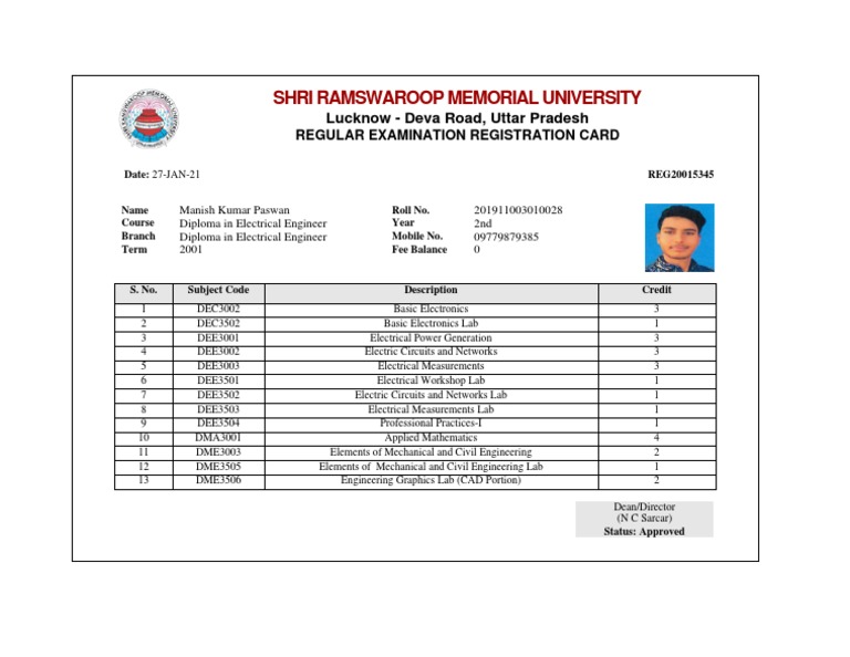 Exam Registration Card for Diploma in EE | PDF | Science & Mathematics ...