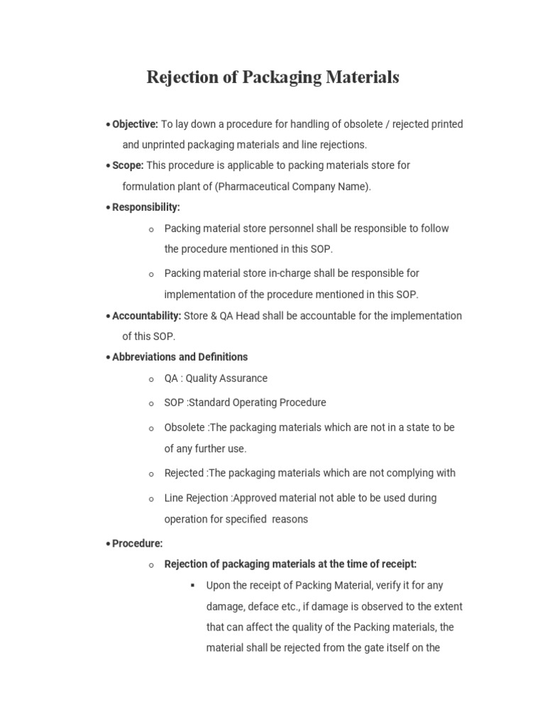 Rejection Procedure for Packaging Materials | PDF | Packaging And ...