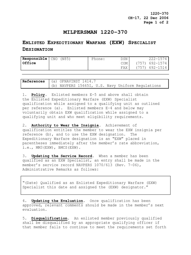 MILPERSMAN 1220-370 E E W (EXW) S D: Nlisted Xpeditionary Arfare ...