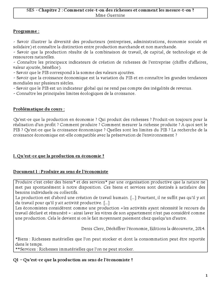 Création et mesure de richesses en économie | PDF | Produit intérieur ...
