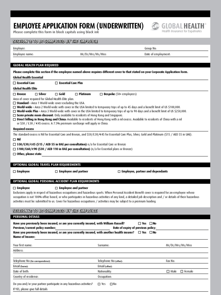 Employee Health Insurance Application Form | PDF | Physician | Health ...