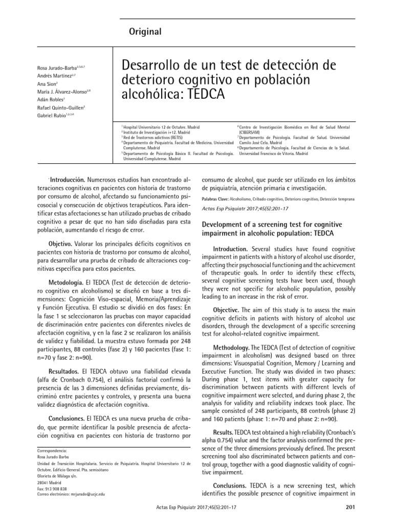 TEDCA: Cribado Cognitivo en Alcoholismo | PDF | Validez (Estadísticas ...