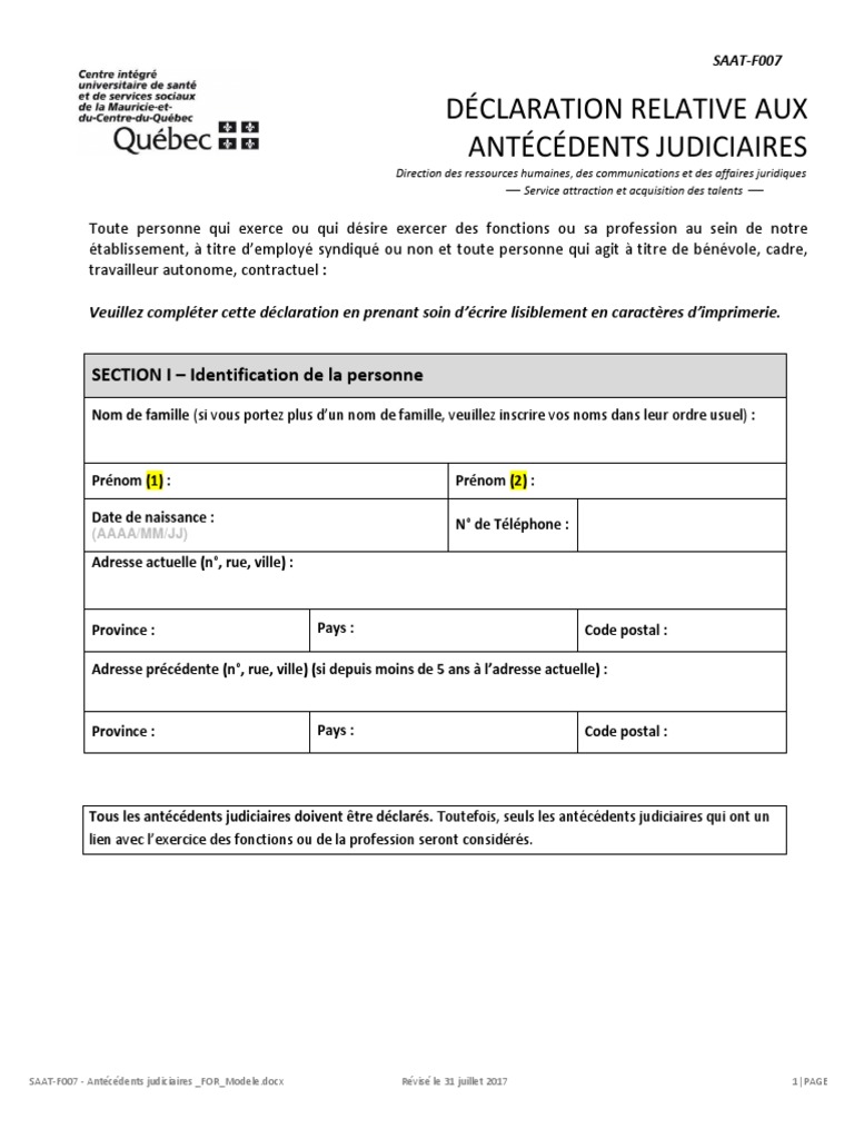 Déclaration d'antécédents judiciaires | PDF | Crime et violence | Crimes