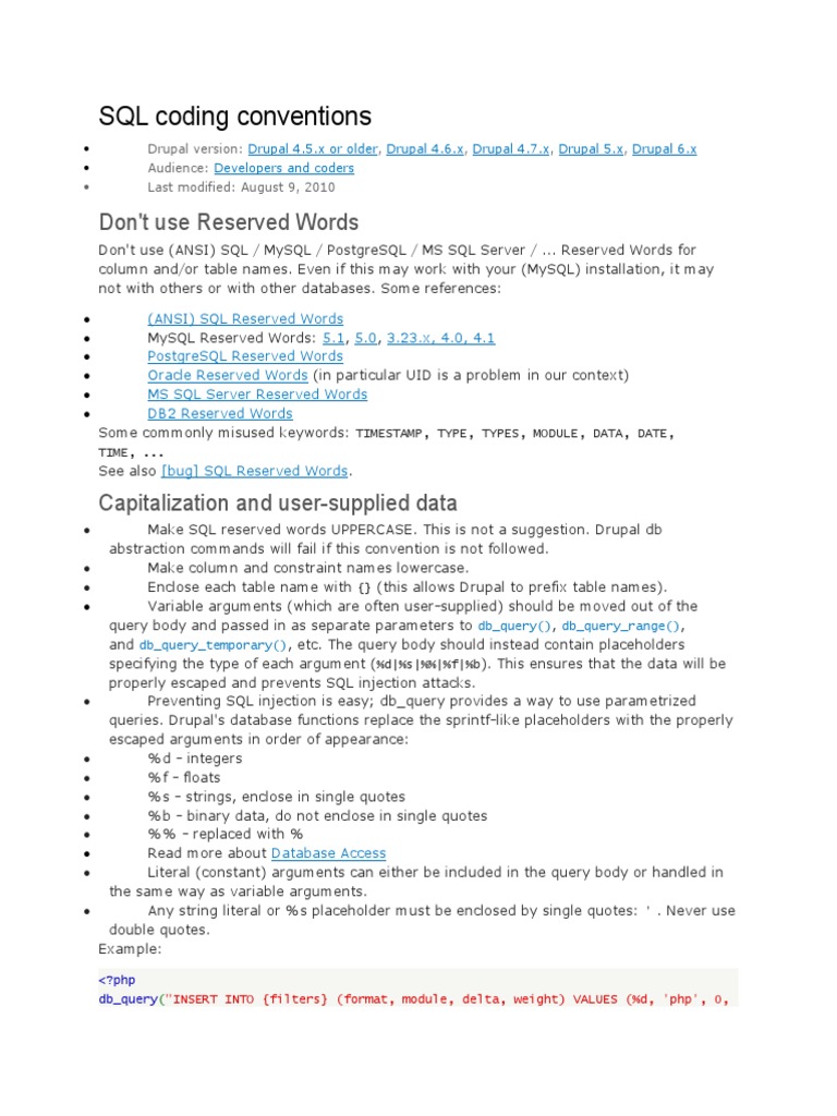 SQL Coding Conventions: Don't Use Reserved Words | PDF | Sql | Databases image.