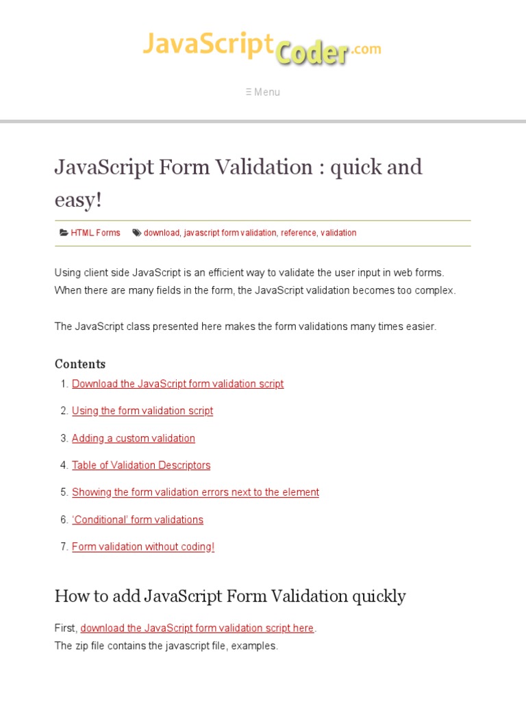 Javascript Form Validation: Quick and Easy! | PDF | Java Script ...