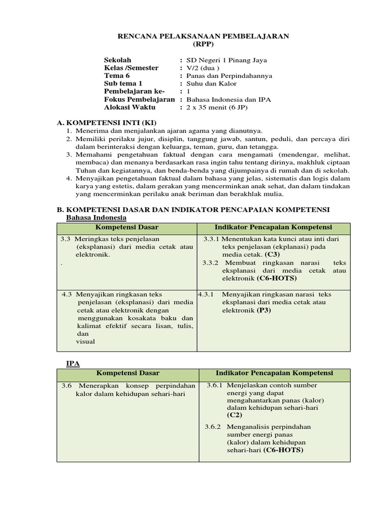 Contoh KELAS 5 RPP | PDF