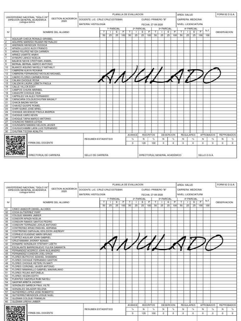 Planilla Medicina 2020 2020 | PDF