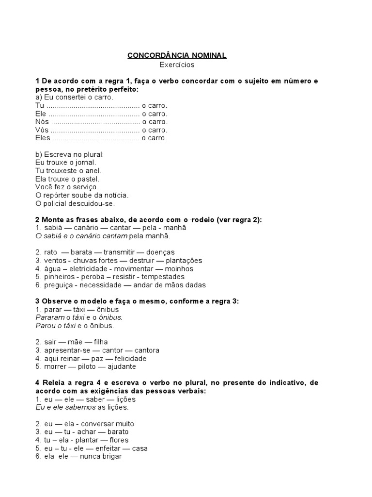 Exercícios De Concordância Verbal 8o Ano Com Gabarito