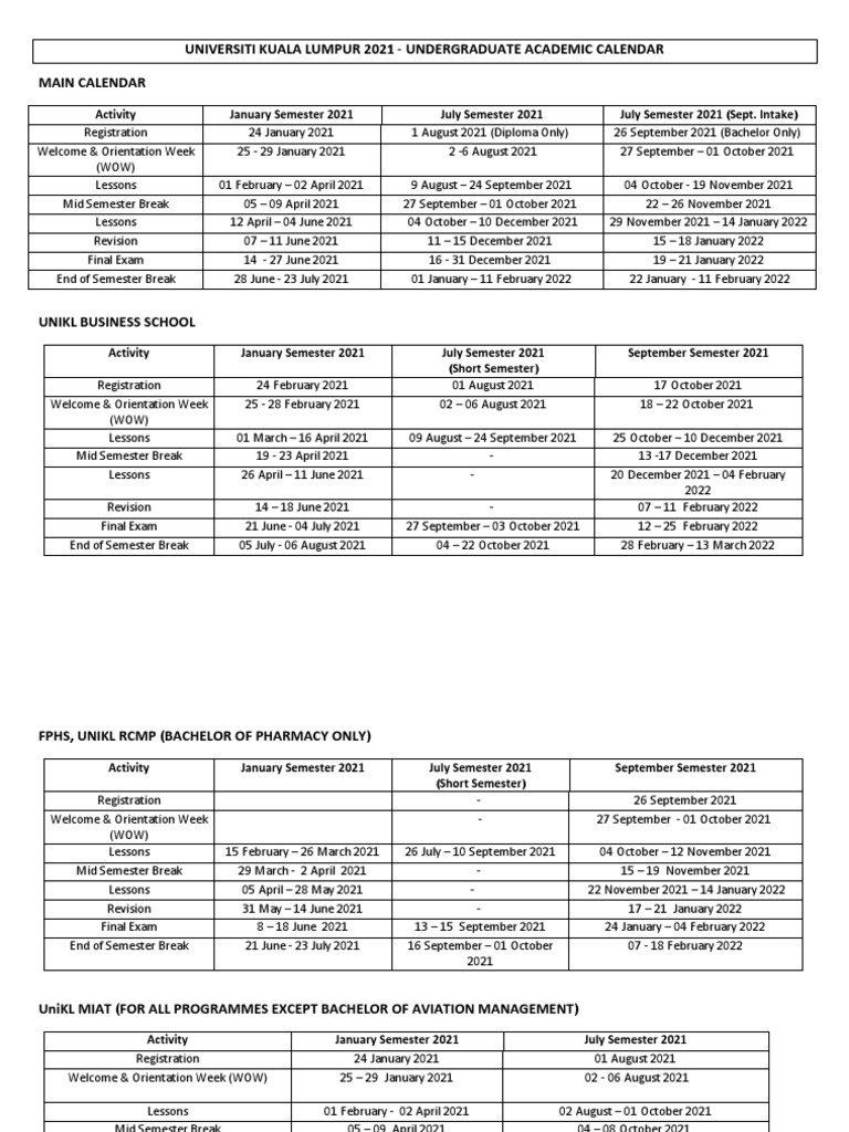 Undergraduate Unikl Calendar PDF Academic Term Schools