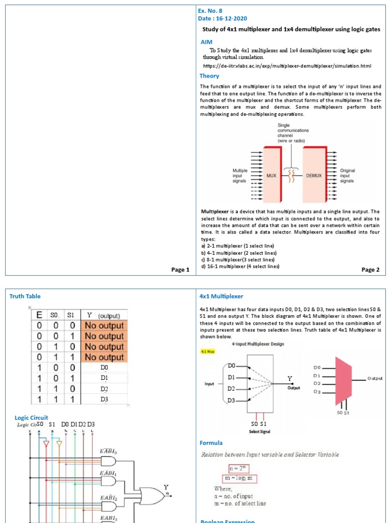 4x1 Multiplexer and 1x4 Demultiplexer Study | PDF | Computer Science ...