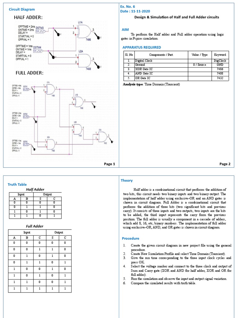 Half and Full Adder Circuit Simulation | PDF | Electronic Circuits ...