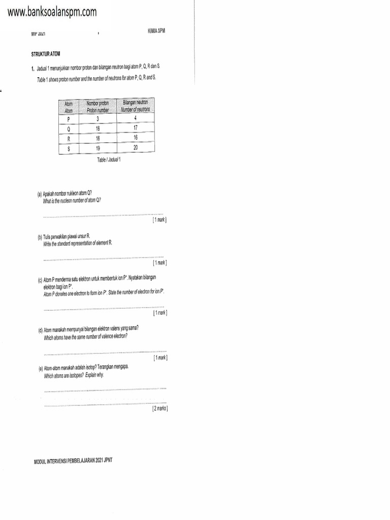 Modul Intervensi KSSM (Kimia Bab 2) SPM Terengganu 2021 - Soalan | PDF