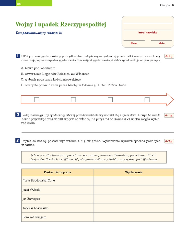 Sprawdzian Z Historii Klasa 4 Dział 3 Wojny I Upadek Rzeczypospolitej Test Rozdział III | PDF