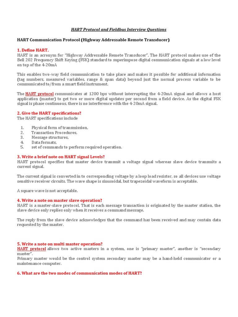 HART Protocol and Fieldbus Interview Questions PDF Computer Network