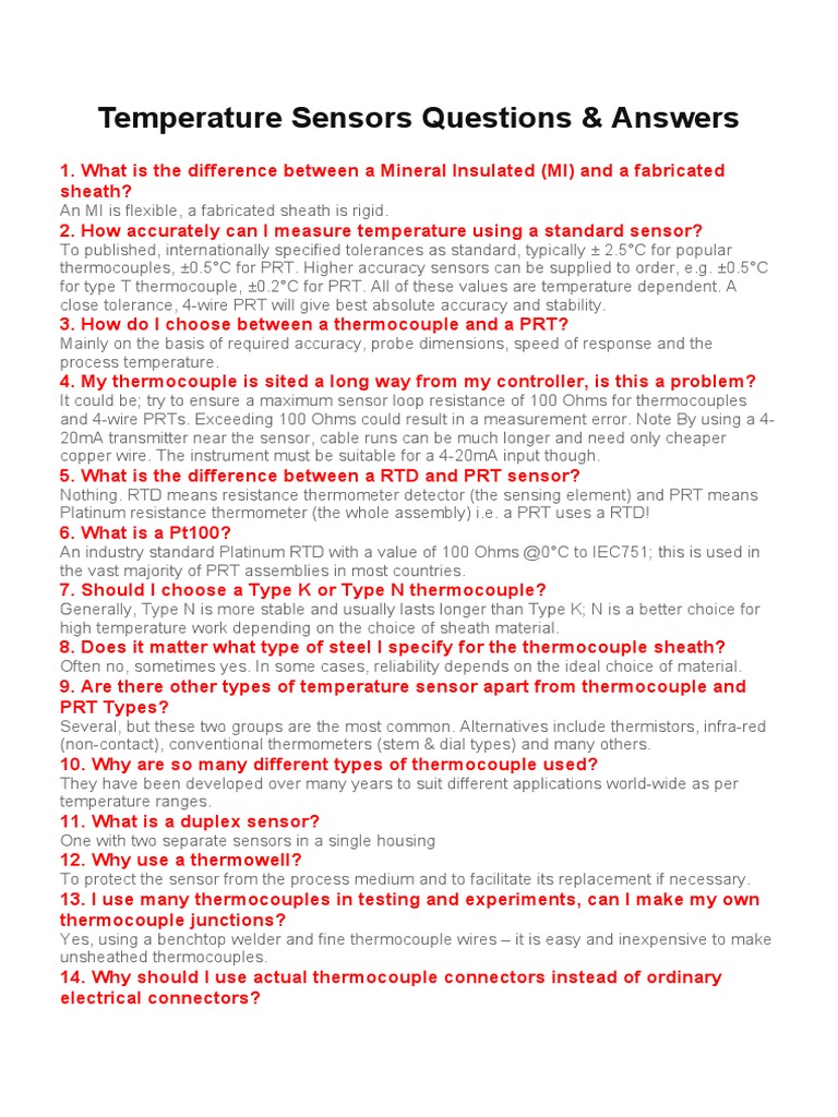 Temperature Sensors Questions & Answers | PDF | Thermocouple | Physical ...