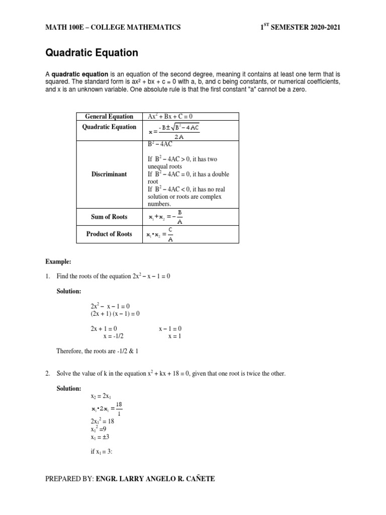 Quadratic Equation: Math 100E - College Mathematics 1 SEMESTER 2020 ...