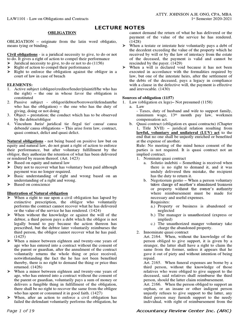 Lecture Note - Obligation 2nd Sem 2020-2021 | PDF | Law Of Obligations ...