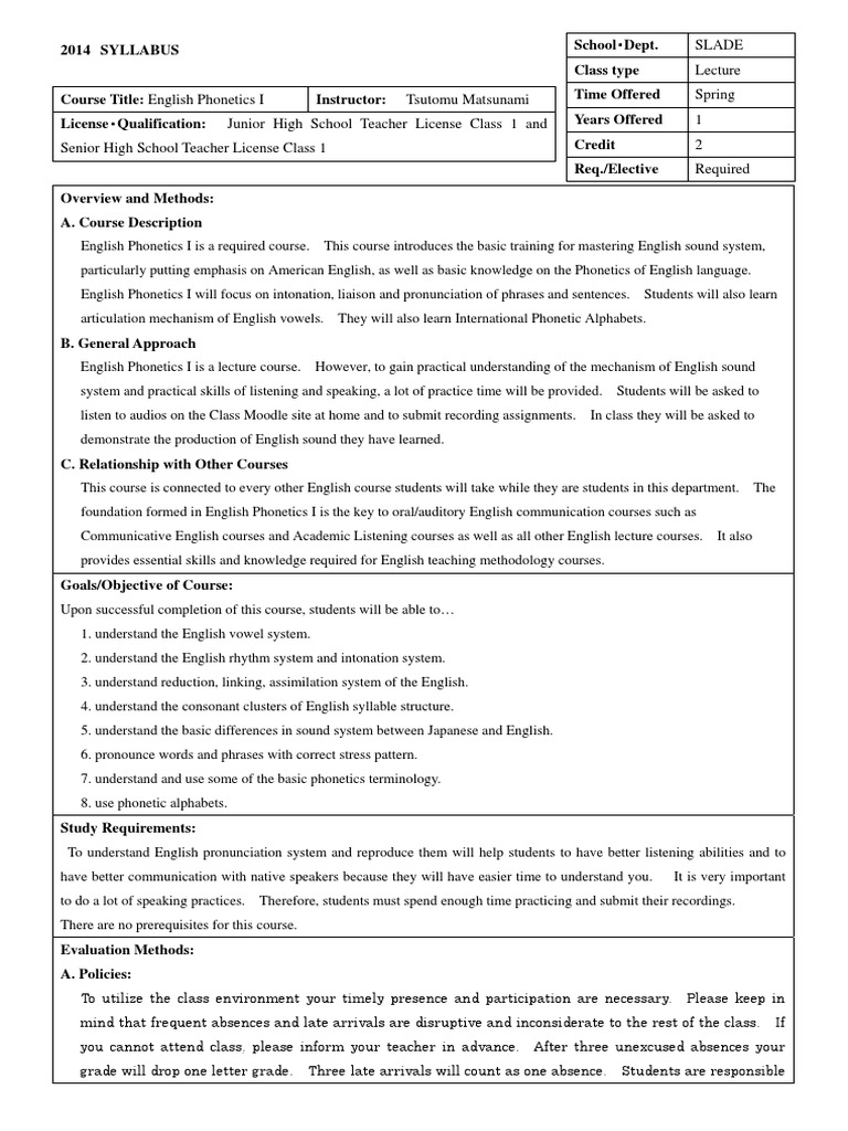 English I A Comprehensive Syllabus Outlining the