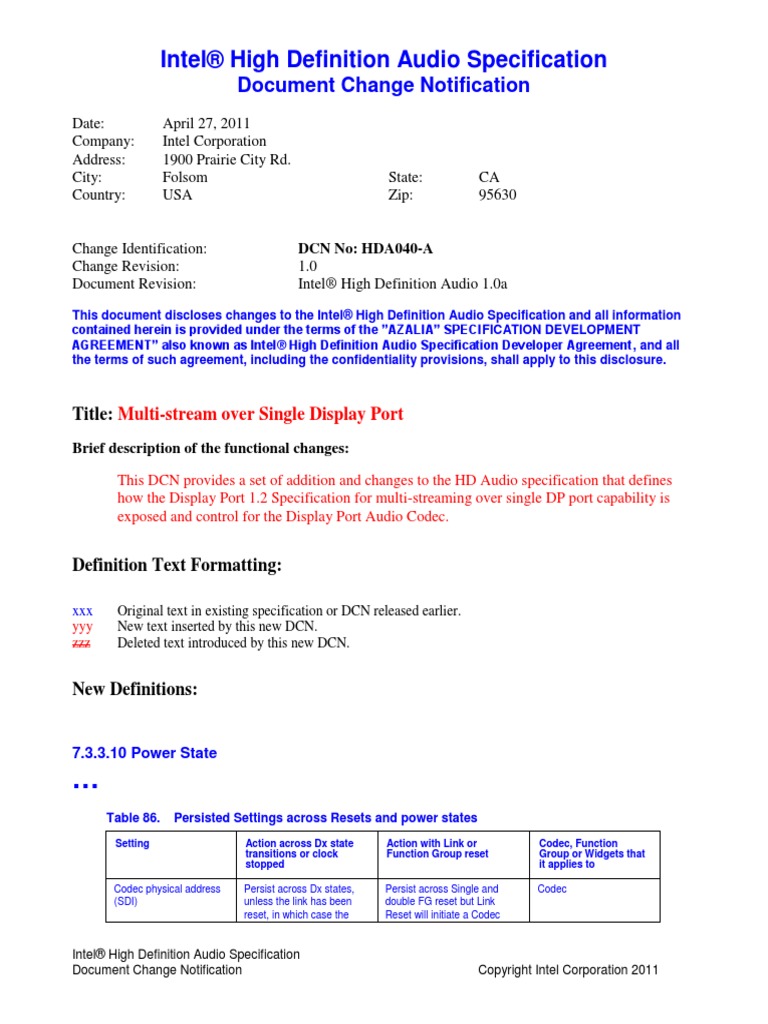 Intel® High Definition Audio Specification: Document Change ...