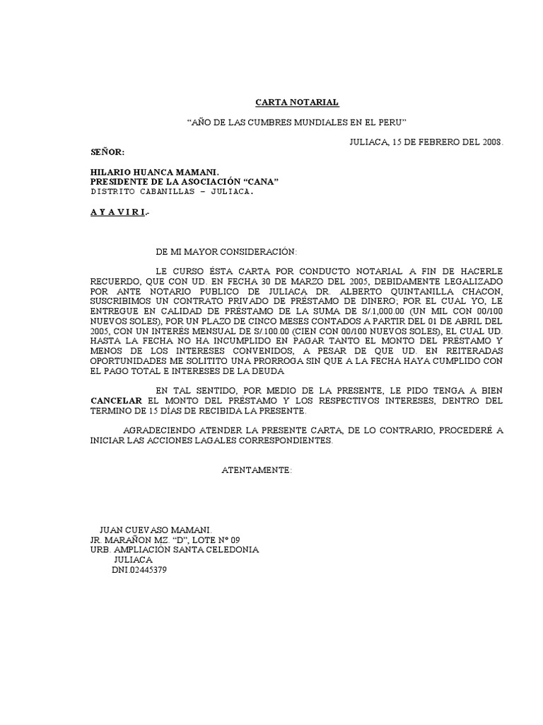 Carta Notarial Contrato Privado de Préstamo de Dinero y Director Regional  de Transportes, Comunicaciones, Vivienda y Construccion - Puno. | PDF |  Propiedad