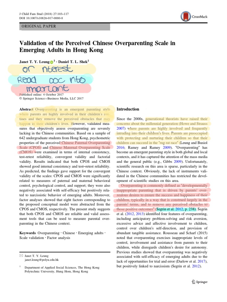 Validation of The Perceived Chinese Overparenting Scale in Emerging ...