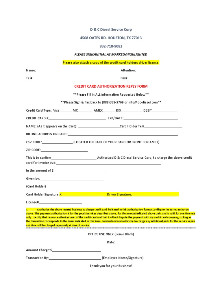 DC Credit Card Auth Form PDF Credit Card Service Industries